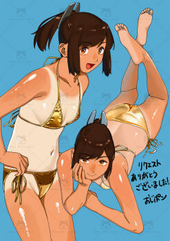 ass barefoot bikini blue_background breasts brown_eyes brown_hair commentary_request commission gold_bikini head_rest highres i-401_(kancolle) kantai_collection looking_at_viewer lying multiple_views ojipon on_stomach one-piece_tan open_mouth ponytail side-tie_bikini_bottom skeb_commission small_breasts smile soles swimsuit tan tanline watermark