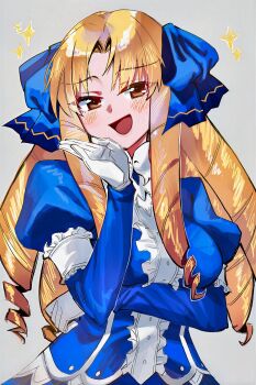 Rule 34 | 1girl, blonde hair, blue dress, commentary request, dress, drill hair, fate/hollow ataraxia, fate (series), ga-006, highres, long hair, looking at viewer, luviagelita edelfelt, open mouth, smile, solo