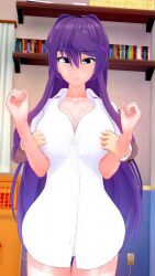 3d animated assisted_exposure behind_another bottomless bouncing_breasts breasts breasts_out doki_doki_literature_club highres indoors koikatsu_(medium) lizero_mashiro long_hair nipples partially_undressed purple_eyes purple_hair shirt surprised tagme undressing_another video white_shirt yuri_(doki_doki_literature_club)