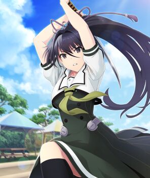 Rule 34 | 1girl, arms up, asahina hokuto, black hair, black thighhighs, blue sky, breasts, brown eyes, buttons, clenched teeth, cloud, cowboy shot, day, dot nose, double-breasted, dress, game cg, green dress, hair between eyes, hair intakes, heijou institute school uniform, holding, holding sword, holding weapon, incoming attack, katana, knee up, large breasts, lens flare, long hair, looking at viewer, official art, picnic table, ponytail, sailor collar, school uniform, shirt, sky, solo, sunlight, sword, table, teeth, thighhighs, third-party source, toji no miko, toji no miko: kizamishi issen no tomoshibi, tree, two-handed, weapon, white sailor collar, white shirt, zettai ryouiki