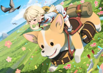 1girl bird blonde_hair blue_sky brown_eyes commentary_request commission day dog final_fantasy final_fantasy_xiv highres horizon lalafell long_hair ocean open_mouth outdoors pointy_ears riding shelldy shoes skeb_commission sky smile white_shoes