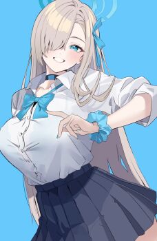 1girl asuna_(blue_archive) asuna_(school_uniform)_(blue_archive) asymmetrical_bangs black_choker black_skirt blonde_hair blue_archive blue_background blue_bow blue_bowtie blue_eyes blue_halo blue_nails blue_scrunchie blush bow bowtie breasts choker hair_over_one_eye hair_ribbon halo highres large_breasts long_hair looking_at_viewer loose_bowtie nail_polish nakano_kura official_alternate_costume pleated_skirt ribbon school_uniform scrunchie shirt simple_background skirt smile solo very_long_hair white_shirt wrist_scrunchie