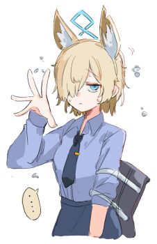 1girl animal_ear_fluff animal_ears bag blonde_hair blue_archive blue_eyes breasts dog_ears hair_over_one_eye halo kanna_(blue_archive) kanna_(young)_(blue_archive) messy_hair necktie police police_uniform policewoman school_bag short_hair simple_background skirt small_breasts sweat white_background youbi_(0ver_sd)