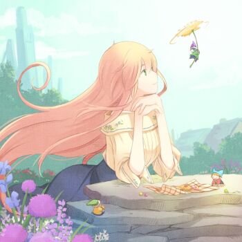 1girl building closed_mouth dress elbows_on_table fairy_(jintai) flower food green_eyes hat jinrui_wa_suitai_shimashita long_hair outdoors pink_hair smile tobe_sunaho very_long_hair watashi_(jintai)