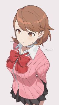 1girl arms_behind_back black_skirt bow bowtie breasts brown_eyes brown_hair cardigan choker closed_mouth collared_shirt commentary cowboy_shot earrings flipped_hair from_above gekkoukan_high_school_uniform grey_background heart heart_choker hgsym_23 highres jewelry large_breasts light_blush long_sleeves loose_bowtie miniskirt persona persona_3 persona_3_reload pink_cardigan pleated_skirt red_bow red_bowtie ribbed_cardigan school_uniform shirt short_hair simple_background skirt solo stud_earrings takeba_yukari twitter_username white_choker white_shirt wing_collar zipper