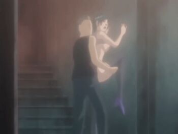 00s 1boy 1girl 2008 against_wall alley animated animated_gif aqua_hair ass bible_black bible_black:_restored bouncing_breasts breasts dark_alleyway delinquent doggystyle from_behind grey_hair high_heel large_breasts leg_lift lipstick lowres makeup mohawk nipples purple_vest rape sex sex_from_behind short_hair stairs tagme thighhighs vest wristband