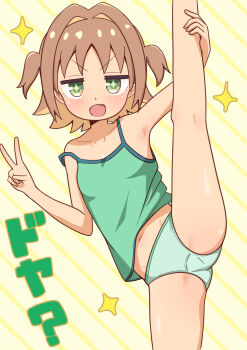 1girl absurdres armpits bare_arms blush brown_hair camisole crotch_seam fang female_focus flat_chest green_eyes gtmd0gjamw hair_intakes highres loli looking_at_viewer medium_hair multicolored_hair navel oka_asahi onii-chan_wa_oshimai! panties short_twintails solo sparkling_eyes split standing standing_on_one_leg standing_split stomach strap_slip translation_request twintails two-tone_hair two_side_up underwear v