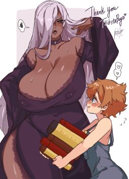 1boy 1girl age_difference breasts cleavage grey_hair highres huge_breasts interracial lady_magnolia_(trickstaboy) large_breasts covered_erect_nipples onee-shota picco roy_(trickstaboy) shota source_request