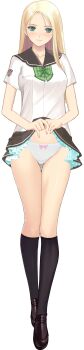 1girl absurdres black_skirt black_socks blonde_hair blue_panties blush bow bow_panties breasts closed_mouth clothes_lift collarbone date_wingfield_reiko fault!! female_focus full_body gluteal_fold green_eyes highres large_breasts lifting_own_clothes long_hair looking_at_viewer official_art panties petticoat pleated_skirt school_uniform seductive_smile shoes short_sleeves simple_background skirt skirt_lift smile socks solo standing thigh_gap tony_taka underwear white_background