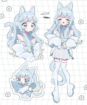 1girl :3 animal_ears bare_shoulders blue_eyes blue_hair blush_stickers boots cat_ears cat_girl cat_tail closed_mouth controller fish game_controller headset highres holding long_hair long_sleeves looking_at_viewer niyu_(nennenkorori3) off-shoulder_jacket off_shoulder open_mouth original simple_background skirt sleeveless smile stuffed_animal stuffed_toy tail thigh_boots