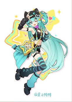 1girl above-cleavage_cutout absurdly_long_hair animal_ear_headwear animal_ears aqua_arm_warmers aqua_eyes aqua_hair aqua_leg_warmers aqua_theme armlet armpits artist_name asymmetrical_legwear bag bag_charm bare_shoulders beanie belt black_arm_warmers black_hat black_leg_warmers black_shirt black_shoes black_skirt black_thighhighs blunt_bangs bow bow_choker bowtie braid buckle cat_ears character_charm charm_(object) cherilynorz choker clothing_cutout crop_top cross-laced_clothes cross-laced_legwear diamond_cutout dot_nose fake_animal_ears frilled_arm_warmers full_body hair_between_eyes hair_ornament hairclip happy hat hatsune_miku heart heart-shaped_buckle heart_hair_ornament highres jewelry leg_warmers long_hair m/ microskirt midriff mismatched_arm_warmers mismatched_legwear navel notice_lines one_eye_closed one_side_up open_mouth outline platform_shoes purple_bow purple_bowtie purple_choker shirt shoe_belt shoes shoulder_bag side_braids single_thighhigh skirt sleeveless sleeveless_shirt smile solo sparkle spring_onion star-shaped_bag star_(symbol) star_hair_ornament striped_arm_warmers striped_clothes striped_thighhighs tareme teeth thigh_belt thigh_strap thighhighs twin_braids two-tone_arm_warmers two-tone_thighhighs upper_teeth_only very_long_hair vocaloid white_background white_outline y2k_fashion yellow_bag