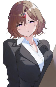 1girl absurdres alternate_costume black_jacket blazer breast_press breasts brown_hair collarbone dress_shirt highres higuchi_madoka idolmaster idolmaster_shiny_colors jacket katagiri_nanoka large_breasts looking_at_viewer mole mole_under_mouth office_lady open_collar shirt short_hair solo upper_body white_shirt