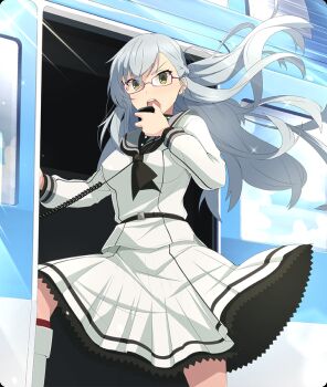 1girl :o ayanokouji_martial_arts_school_uniform blue_hair braid breasts cowboy_shot door dot_nose floating_hair game_cg glasses grey_sailor_collar half_up_braid holding kitora_mirja large_breasts long_hair long_sleeves looking_at_viewer official_art open_mouth purple-framed_eyewear sailor_collar school_uniform serafuku shirt skirt solo sparkle teeth third-party_source toji_no_miko toji_no_miko:_kizamishi_issen_no_tomoshibi uneven_footing upper_teeth_only white_shirt white_skirt yellow_eyes