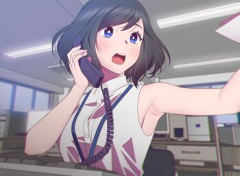 1girl andrian_januar_adilia arm_up armpits black_hair blue_eyes ceiling ceiling_light commentary_request computer_keyboard highres holding holding_phone lanyard medium_hair office office_lady open_mouth original partition phone shirt solo swept_bangs talking_on_phone wavy_hair window