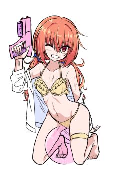 Rule 34 | 1girl, ;d, absurdres, alternate costume, arm behind back, ball, bare shoulders, barefoot, beachball, bikini, blue scrunchie, blush, breasts, collarbone, commentary request, eyes visible through hair, frilled bikini, frills, full body, grin, hair between eyes, hair ornament, hair scrunchie, halterneck, hand up, happy, highres, holding, holding water gun, inaba meguru, kneeling, long hair, looking at viewer, low twintails, one eye closed, open clothes, open mouth, open shirt, orange hair, red eyes, sanoba witch, scrunchie, shirt, shirt partially removed, sidelocks, simple background, sketch, small breasts, smile, solo, suzukihiko7610, swimsuit, thigh strap, thighs, tiptoes, twintails, water gun, wet, white background, white shirt, yellow bikini