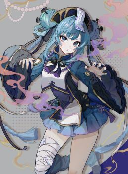 Rule 34 | 1girl, absurdres, black nails, blue eyes, blue hair, chinese clothes, commentary request, double bun, hair bun, hat, hatsune miku, highres, jewelry, jiangshi, long sleeves, looking at viewer, nail (hardware), necklace, ofuda, ofuda on head, open mouth, pearl necklace, vocaloid, wide sleeves, zonana