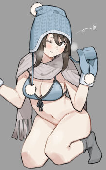 1girl ;) absurdres beanie bikini black_eyes black_hair blue_bikini blue_gloves blush breasts cleavage commentary_request girls_und_panzer gloves grey_socks hat highres kneeling large_breasts long_hair looking_at_viewer mika_(girls_und_panzer) mittens navel one_eye_closed sattinittas scarf smile socks solo swimsuit