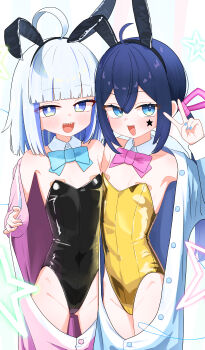 2girls :d ahoge animal_ears bare_shoulders black_hairband black_leotard blue_bow blue_bowtie blue_eyes blue_hair blue_nails blunt_bangs blush bow bowtie breasts bright_pupils collar colored_inner_hair covered_navel cowboy_shot detached_collar fake_animal_ears flat_chest groin hair_between_eyes hair_ribbon hairband hand_up highleg highleg_leotard indie_virtual_youtuber leotard loli long_hair long_sleeves looking_at_viewer medium_hair mugen_mochi multicolored_hair multiple_girls nail_polish open_clothes open_mouth pasties pink_bow pink_bowtie playboy_bunny porty_(porty_ramram) porty_ramram rabbit_ears ribbon sharp_teeth sidelocks small_breasts smile standing star_(symbol) strapless strapless_leotard streaked_hair teeth twintails two-tone_hair upper_teeth_only v virtual_youtuber white_hair white_pupils wrist_cuffs yellow_bow yellow_bowtie yellow_leotard