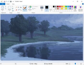 art_program_in_frame christian_young commentary dark english_commentary forest lake landscape microsoft_paint_(medium) microsoft_paint_(software) minecraft mountainous_horizon nature no_humans outdoors painterly reflection reflective_liquid scenery screencap shore tree