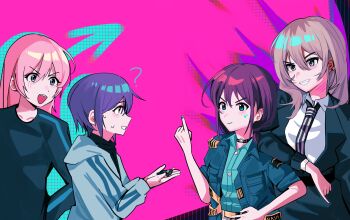 4girls ? absurdres arm_on_another&#039;s_shoulder bang_dream! bang_dream!_it&#039;s_mygo!!!!! black_choker black_jacket black_nails black_necktie black_shirt blue_eyes blue_jacket blue_shirt chihaya_anon choker closed_mouth collared_shirt commentary crossover earrings fang girls_band_cry grey_eyes grey_hair grey_jacket grin haidao_mao hand_on_own_hip highres holding iseri_nina jacket jewelry kawaragi_momoka long_hair long_sleeves looking_at_another multiple_girls necktie nervous_sweating o-ring o-ring_choker open_mouth pink_background pink_hair pinky_out red_eyes red_hair shirt short_hair short_twintails smile stud_earrings sweat takamatsu_tomori twintails upper_body white_shirt