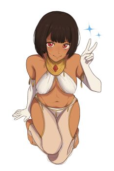 1girl ancient_egyptian_clothes andreypavlow bob_cut breasts brown_hair cleavage closed_mouth criss-cross_halter dark-skinned_female dark_skin from_above gloves halterneck harem_outfit highres jewelry kneeling looking_at_viewer medium_breasts panties peace_symbol rana_(original_character) red_eyes short_hair simple_background smile solo toned toned_female underwear v white_background white_gloves white_panties