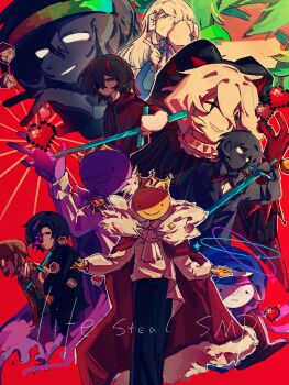 Rule 34 | 1girl, 6+boys, absurdres, animification, ashswag, black hair, black skin, blank eyes, block (minecraft), brown hair, cape, chinese commentary, closed eyes, clownpierce, colored skin, command block, commentary request, copyright name, crown, everyone, explosive, fur-trimmed cape, fur trim, glasses, glitch, green hair, grin, halo, hat, heart, highres, holding, holding sword, holding weapon, hood, hood down, hoodie, horns, jester, jester cap, lifesteal smp, long hair, looking at viewer, male focus, mapicc, minecraft, minecraft sword, minecraft youtube, multiple boys, mumou26925, neck ruff, one eye covered, ophanim halo, parrotx2, pixel heart, planetlord, princezam, purple skin, red background, red cape, red hoodie, red horns, roshambogames, round eyewear, short hair, simple background, smile, smiley face, spokeishere, squiddo, sunglasses, sword, tnt, tnt block (minecraft), variant set, weapon, wemmbu, white hair, white skin, yellow skin