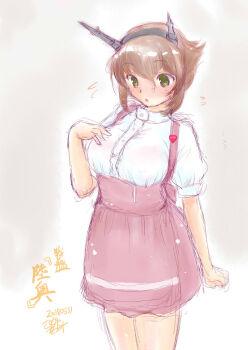 Rule 34 | 1girl, alternate costume, anna miller, apron, breasts, brown hair, collared shirt, commentary request, dress shirt, employee uniform, green eyes, headgear, kantai collection, koshigaya tatsumi, large breasts, looking down, mutsu (kancolle), name tag, pink apron, pink skirt, shirt, short hair, skirt, solo, underbust, waitress, white shirt