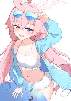 1girl absurdres adjusting_eyewear ahoge ball bikini bikini_skirt blue-tinted_eyewear blue_archive blue_eyes blue_jacket blush breasts collarbone commentary_request eyewear_on_head fang frilled_bikini frills hair_between_eyes hair_bobbles hair_ornament halo heterochromia highres hoshino_(blue_archive) hoshino_(swimsuit)_(blue_archive) jacket long_hair long_sleeves looking_at_viewer low_twintails natukuzira navel official_alternate_costume open_clothes open_jacket open_mouth pink_hair pink_halo simple_background skin_fang small_breasts smile solo sunglasses swimsuit tinted_eyewear twintails white-framed_eyewear white_background white_bikini yellow_eyes