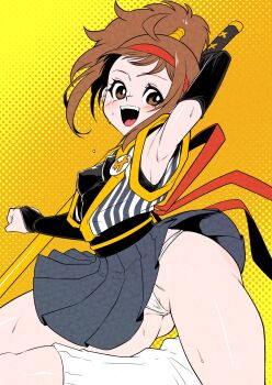 1girl armpits black_gloves black_skirt blush breasts brown_eyes brown_hair covered_erect_nipples emit_x employee_uniform from_side gloves gluteal_fold groin highres holding holding_staff imadake_dabuchi_tabemi looking_at_viewer mcdonald's medium_hair micro_panties open_mouth panties ponytail skirt small_breasts smile socks solo staff standing standing_on_one_leg sweat teeth underwear upper_teeth_only white_socks yellow_background