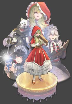 1boy 3girls absurdres alexandrina_sebastiane animal_ears black_background black_dress black_hair breasts brown_corset bukbukk_(bukbukk21) camera_flash clapping commentary corin_wickes corset cosplay dated_commentary dress ellen_joe english_commentary eyepatch full_body furry furry_male green_hair grey_hair hairband highres holding holding_instrument holding_phone hood hood_up instrument keyboard_(instrument) little_red_riding_hood_(fairy_tale) little_red_riding_hood_(fairy_tale_character) little_red_riding_hood_(fairy_tale_character)_(cosplay) long_sleeves looking_at_viewer maid maid_headdress melodica metal_hairband mole mole_under_eye multiple_girls open_mouth phone purple_eyes red_eyes simple_background smile taking_picture von_lycaon white_fur white_hair wolf_boy wolf_ears zenless_zone_zero