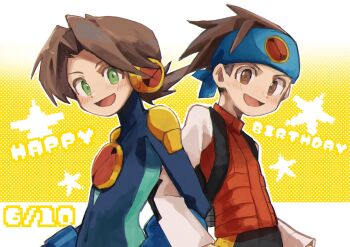 2boys black_shorts blue_bodysuit blue_headband bodysuit brothers brown_eyes brown_hair cowboy_shot dated green_eyes happy_birthday headband highres lan_hikari_(mega_man) magainu male_focus mega_man_(series) mega_man_battle_network_(series) megaman.exe multiple_boys open_mouth orange_vest shirt shorts siblings smile twins vest white_shirt