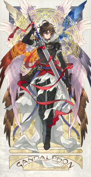 1boy ahoge angel_wings black_boots black_gloves black_pants boots brown_eyes brown_hair card_(medium) elbow_gloves feathered_wings gloves granblue_fantasy hair_between_eyes highres holding holding_sword holding_weapon hood hood_down male_focus messy_hair multiple_wings osamu_(jagabata) pants ribbon sandalphon_(granblue_fantasy) short_hair sword tarot tarot_(medium) weapon wings