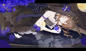 1girl absurdres ambience_synesthesia amiya_(arknights) amiya_(medic)_(arknights) amiya_(medic)_(solo_around_the_world)_(arknights) animal_ears apple arknights armlet bare_shoulders black_dress black_hat blue_apple brown_hair closed_eyes closed_mouth commentary dress food frilled_dress frills fruit hat highres holding holding_food holding_fruit jewelry kaera light_particles long_hair lying official_alternate_costume on_side reflection reflective_floor sleeping solo symbol-only_commentary