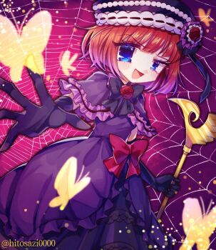 Rule 34 | 1girl, beret, black bow, black gloves, black hat, black skirt, blue eyes, bob cut, bow, bug, butterfly, capelet, commentary request, dress, dress bow, elbow gloves, eva beatrice, flower, frilled capelet, frills, gloves, hat, highres, hitosazi0000, holding, holding staff, insect, looking at viewer, open mouth, orange hair, outstretched hand, purple dress, silk, skirt, smile, sparks, spider web, staff, umineko no naku koro ni, yellow butterfly