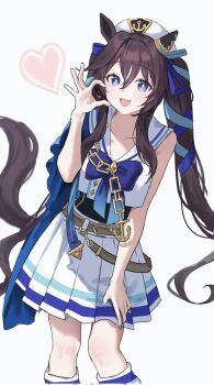 1girl :3 anchor_necklace animal_ears beret blue_eyes blue_ribbon blush breasts brown_hair collarbone ear_covers hair_between_eyes hashtag-only_commentary hat heart highres horse_ears horse_girl horse_tail jewelry long_hair looking_at_viewer mole mole_under_eye mong1c multicolored_hair necklace one-piece_swimsuit open_mouth ribbon sailor_collar shirt simple_background single_ear_cover skirt smile solo streaked_hair swimsuit swimsuit_under_clothes tail twintails umamusume vivlos_(umamusume) vivlos_(voyage_etincelant)_(umamusume) white_hat white_sailor_collar white_shirt white_skirt