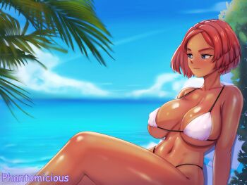 1girl arc_system_works arm_support artist_name beach bikini blue_eyes blue_sky blush breasts closed_mouth collarbone covered_erect_nipples dark-skinned_female dark_skin day eyebrows eyelashes feet_out_of_frame female_focus from_side giovanna_(guilty_gear) guilty_gear guilty_gear_strive highres large_breasts navel ocean outdoors phantomicious red_hair short_hair sitting sky solo swimsuit water white_bikini
