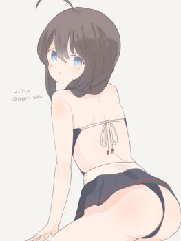 1girl ahoge black_hair black_one-piece_swimsuit black_skirt blue_eyes braid casual_one-piece_swimsuit commentary dated grey_background hair_over_shoulder highres kantai_collection long_hair looking_back monokini one-hour_drawing_challenge one-piece_swimsuit satsuki_tooka shigure_(kancolle) simple_background single_braid skirt solo swimsuit swimsuit_skirt twitter_username