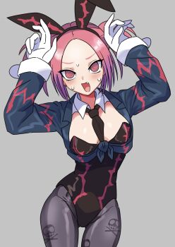 Rule 34 | 1girl, @ @, animal ears, blush, bow, bowtie, breasts, commentary request, cowboy shot, detached collar, duel monster, fake animal ears, fang, gloves, grey background, highres, leotard, long sleeves, medium breasts, necktie, open mouth, pantyhose, playboy bunny, rabbit ears, red eyes, red hair, simple background, skull and crossbones, skull print, tour guide from the underworld, twintails, wadatsumi (sense11531153), white gloves, yu-gi-oh!