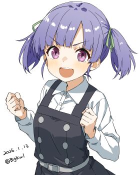 1girl :d absurdres belt bigkwl black_dress blunt_bangs blush buttons clenched_hands collared_shirt commentary dated dated_commentary double-breasted dress green_ribbon grey_belt hair_ribbon hands_up highres kantai_collection long_sleeves looking_at_viewer one-hour_drawing_challenge ooshio_(kancolle) open_mouth parted_bangs pinafore_dress purple_eyes purple_hair ribbon shirt short_hair short_twintails simple_background sleeveless sleeveless_dress smile solo teeth thick_eyebrows twintails twitter_username upper_body upper_teeth_only white_background white_shirt