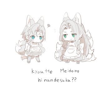 2boys age_comparison alternate_costume animal_ears apron back_bow blue_eyes blush_stickers bow chibi chibi_only clenched_hands commentary_request crossdressing crossdressing_(mtf) dress final_fantasy final_fantasy_vii final_fantasy_vii_ever_crisis final_fantasy_vii_remake fox_boy fox_ears fox_tail frilled_apron frilled_dress frills full_body garter_straps green_eyes greyscale hattouissenbaka highres kemonomimi_mode kitsune long_dress looking_at_another maid male_focus monochrome multiple_boys multiple_persona multiple_tails parted_bangs sephiroth sephiroth_(ever_crisis) shoes short_hair slit_pupils smile spot_color standing tail thighhighs time_paradox translation_request white_background