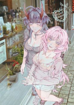 2girls alternate_costume blue_eyes breasts cleavage commentary ctnplant denim elf elysia_(honkai_impact) english_commentary grey_shirt highres honkai_(series) honkai_impact_3rd horns jacket jeans large_breasts long_hair multiple_girls outdoors pants photo_background pink_hair pink_jacket pink_tank_top plant pointy_ears potted_plant purple_eyes purple_hair raiden_mei raiden_mei_(herrscher_of_thunder) red_horns shirt short_shorts shorts smile tank_top very_long_hair white_shorts