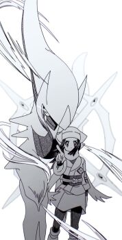 1girl akari_(pokemon) arceus arm_at_side galaxy_expedition_team_survey_corps_uniform gen_4_pokemon headscarf highres index_finger_raised jacket layered_legwear legendary_pokemon miniskirt monochrome mythical_pokemon nintendo outstretched_arm p0ke_a0210 pantyhose pokemon pokemon_(creature) pokemon_legends:_arceus sash scarf simple_background skirt socks white_background