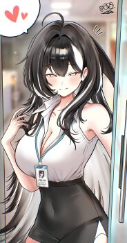 1girl black_hair black_skirt borrowed_character breasts cleavage collared_shirt commentary dress_shirt heart highres ice_bear id_card lanyard large_breasts long_hair multicolored_hair office office_lady orca_(haze_(7h4ze)) orca_girl original pencil_skirt shirt skirt sleeveless sleeveless_shirt speech_bubble spoken_heart streaked_hair symbol-only_commentary very_long_hair white_hair white_shirt