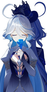 2girls absurdres ahoge back-to-back blue_flower blue_streaks closed_eyes commentary_request dress flower focalors_(genshin_impact) furina_(genshin_impact) genshin_impact gradient_clothes gradient_dress hair_between_eyes highres holding holding_flower lakelight_lily_(genshin_impact) long_hair long_sleeves multicolored_hair multiple_girls owl_5151 signature streaked_hair upper_body very_long_hair white_background white_hair