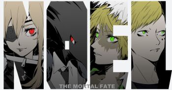 Rule 34 | 1girl, 3boys, animal head, anti-eyebrow piercing, bird boy, black coat, black necktie, black skin, black suit, blonde hair, brothers, burn scar, caron (higyaku no noel), coat, colored skin, demon boy, eyepatch, face piercing, formal clothes, fugo dressel, fur-trimmed jacket, fur trim, green jacket, highres, higyaku no noel, hood, hood up, jacket, long hair, multiple boys, necktie, noel cerquetti, oscar dressel, piercing, red eyes, scar, short hair, siblings, suit, torano (the abyss), winter clothes, winter coat