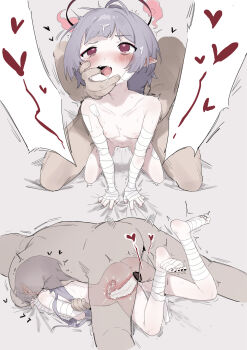 1boy 1girl absurdres all_fours bandaged_arm bandaged_leg bandages bar_censor bed_sheet blue_archive blush breasts censored completely_nude cum cum_in_pussy deep_penetration doggystyle ejaculation female_orgasm finger_in_another&#039;s_mouth hetero highres internal_cumshot loli long_hair lying multiple_views mutual_orgasm navel nipples nude on_stomach open_mouth orgasm penis prone_bone pussy pussy_juice rolling_eyes sensei_(blue_archive) sex sex_from_behind sh_(shinh) sheet_grab shuro_(blue_archive) simple_background smile solo_focus spread_legs sweat symbol-shaped_pupils uterus vaginal very_long_hair x-ray