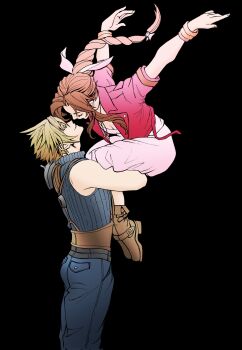 1boy 1girl aerith_gainsborough armor arms_behind_back ballet bangle belt black_background black_belt black_choker blonde_hair blue_eyes blue_pants blue_shirt boots bracelet braid braided_ponytail breasts brown_belt brown_boots brown_hair choker cleavage closed_eyes cloud_strife colored_eyelashes commentary couple cropped_jacket dress english_commentary final_fantasy final_fantasy_vii final_fantasy_vii_remake hair_between_eyes hair_ribbon herzenreine hetero highres jacket jewelry long_dress long_hair looking_at_another medium_breasts multiple_belts pants parted_bangs parted_lips pauldrons pink_dress pink_ribbon red_jacket ribbon shirt short_hair short_sleeves shoulder_armor sidelocks single_bare_shoulder single_braid single_pauldron sleeveless sleeveless_turtleneck smile spiked_hair suspenders turtleneck