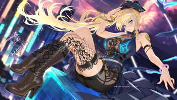 1girl aqua_eyes arm_up bare_shoulders black_boots blonde_hair blue_hat blush boots commentary fishnet_thighhighs fishnets hat high_heel_boots high_heels highres knee_boots lace-up_boots leg_tattoo long_hair looking_at_viewer multicolored_hair original purple_hair sitting smile solo streaked_hair tattoo thighhighs thighs toyoman untranslatable_commentary