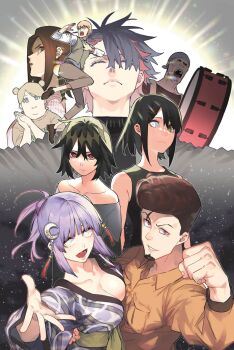 4boys 5girls arm_up bald beard black_hair black_shirt blonde_hair blush brown_hair brown_pants closed_eyes closed_mouth collared_shirt couple disgust drum facial_hair glasses grey_shirt hands_up happy heterochromia highres hug instrument jacket kiisu_(sentai_dai_shikkaku) long_hair looking_at_viewer looking_to_the_side medium_hair moon_(ornament) multicolored_hair multiple_boys multiple_girls open_mouth orange_eyes orange_shirt pants ponytail purple_eyes red_eyes red_hair runa_(sentai_dai_shikkaku) sazan_juuji sentai_daishikkaku sentouin_xx serious shirt short_hair sleeveless sleeveless_shirt smile tachibana_inko tongue two-tone_hair usukubo_angel usukubo_yakushi very_long_hair white_eyes white_shirt yellow_eyes