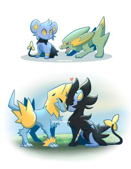 Rule 34 | artist name, black fur, blue fur, closed eyes, electrike, emperorvenus, gen 3 pokemon, gen 4 pokemon, gloves, green fur, highres, luxray, manectric, nintendo, no humans, pokemon, pokemon (creature), shinx, tail, two-tone gloves, yellow eyes, yellow fur